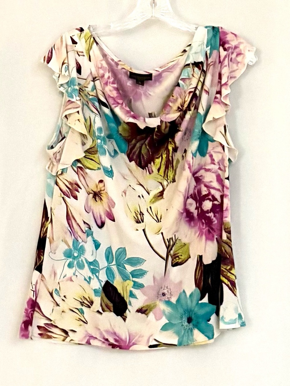Worthington Floral Ruffle Sleeve Cowl Neck Top - Multicolor